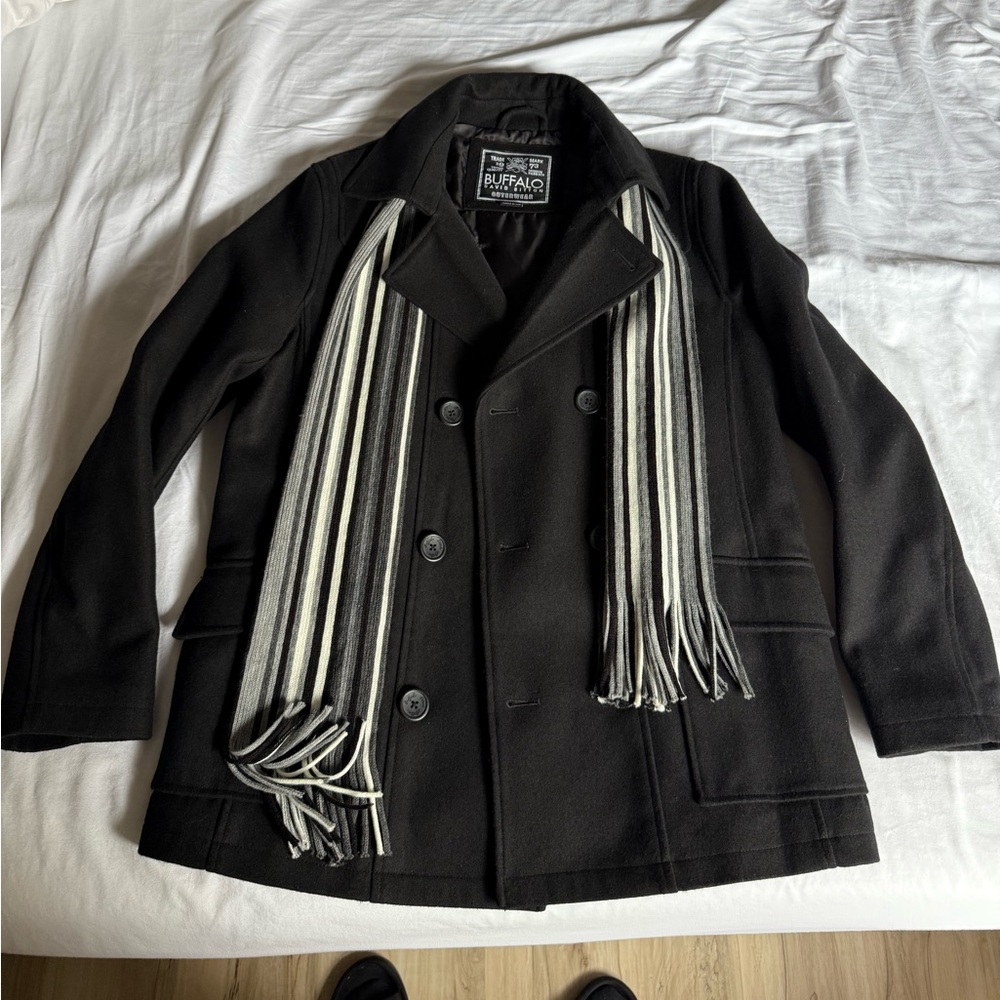 Buffalo by David Button Black Peacoat with scarf (new without tags)
